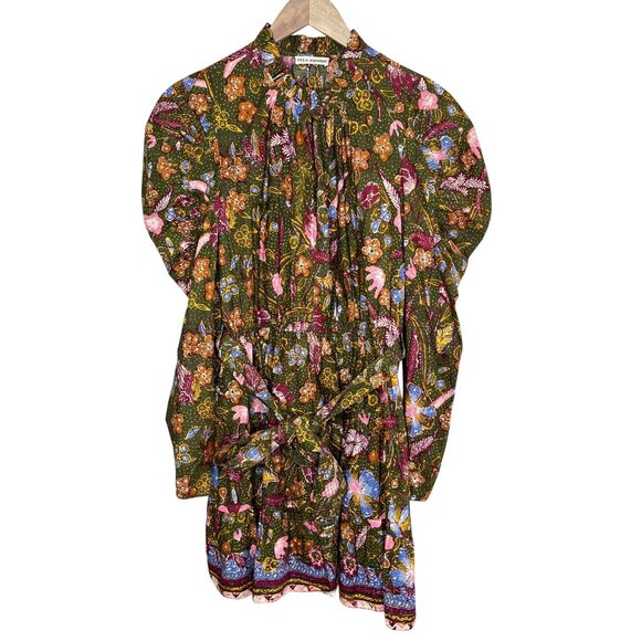 Ulla Johnson Womens Devya Green Floral Print Puff Sleeve Cotton Mini Dress 10 - Picture 2 of 11